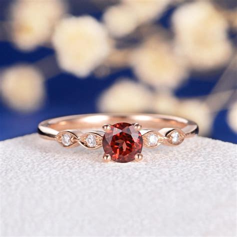 Garnet Engagement Ring Rose Gold Art Deco Wedding Diamond Etsy