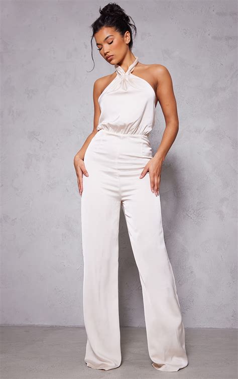 Cream Satin Halterneck Detail Wide Leg Jumpsuit Prettylittlething Ire