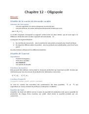 chapitre 12 corrigé docx Chapitre 12 Oligopole RÉSUMÉ Modèle de