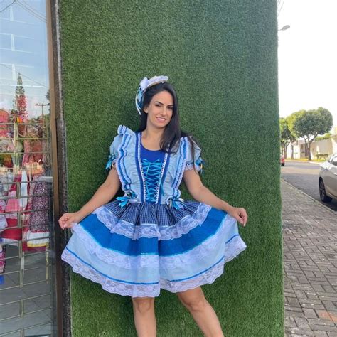 Vestido Junino Caipira Espartilho Azul Xadrez Babados Luxo Elo