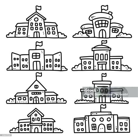 School Outline Line Cartoon Drawing Doodle Set Stock Illustration - Download Image Now ...