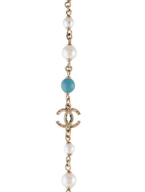 Chanel Faux Pearl Enamel Cc Bead Strand Necklace Gold Plated Bead