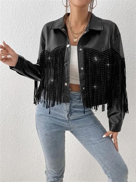 Jaqueta De Couro Com Franja De Strass🖤 Fringe Leather Jacket Black