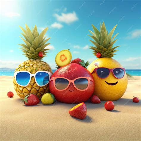 Premium Photo Funny Summer Fruits With Sunglasses On Beach 3d Render