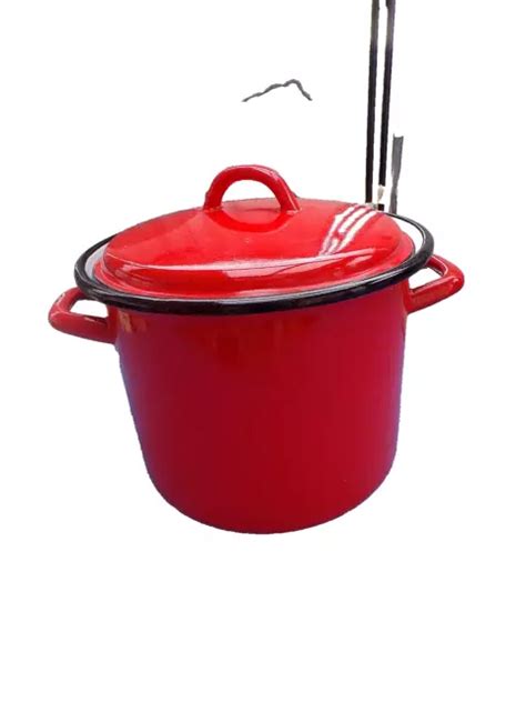 GRANDE CASSEROLE VINTAGE en tôle émaillée rouge faitout cocotte à anses