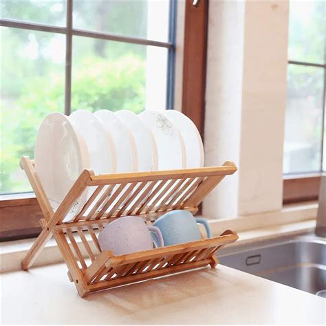 Bamboo Dish Rack 2 Tier Collapsible Drainer Folding Wooden Dish Drying