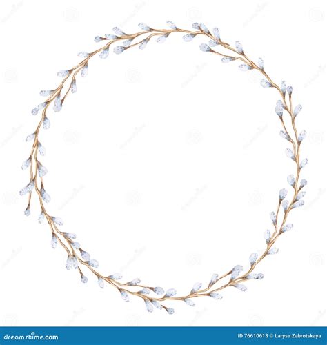 Watercolor Pussy Willow Branches Wreath Stock Illustration