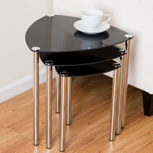 ASPECT Arena Set Of 3 Nesting END Side Table Black Glass Chrome Legs L