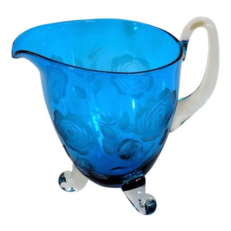 1960s Vintage Hand Blown Blue Glass Pitcher Chairish