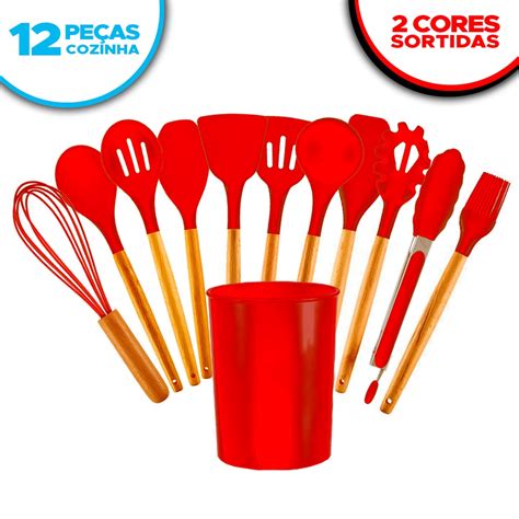 Jogo Kit Colheres De Silicone Cabo De Madeira Pe As Cozinha Preto Ou