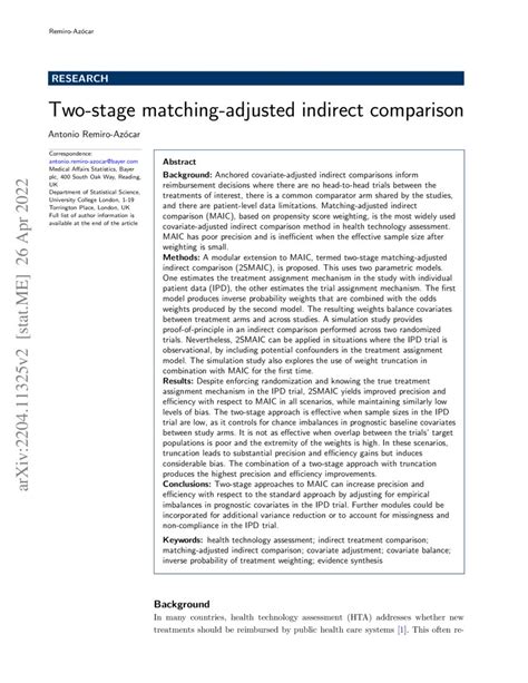 Two Stage Matching Adjusted Indirect Comparison Deepai