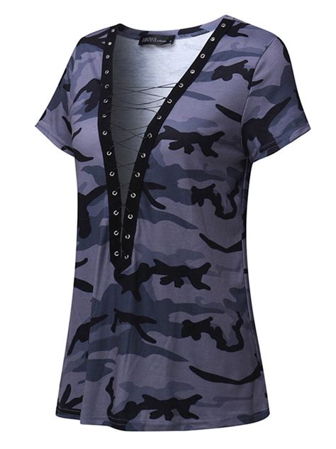 Womens Camouflage V Neck Short Sleeve Casual T Shirts Aa Sourcing Ltd