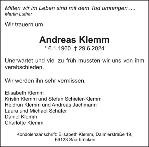 Traueranzeigen Von Andreas Klemm Saarbruecker Zeitung Trauer De