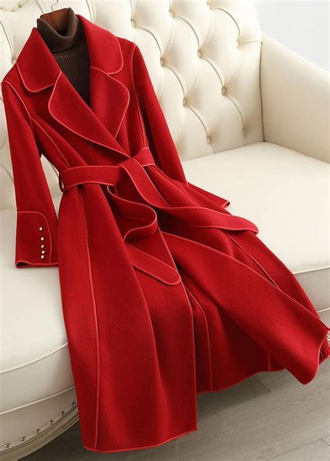 Beautiful Red Notched Tie Waist Woolen Long Coats Fall Fashion