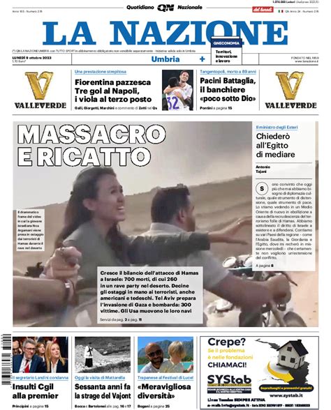 La Prima Pagina Del La Nazione Edizione Di Lunedi 09 October Di Oggi