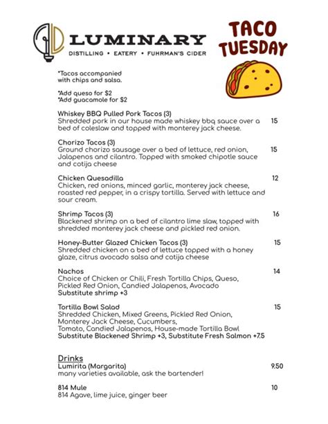 Distillery Eatery Food Menus Luminary Distilling Llc