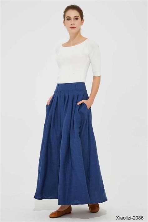 Swing Long Linen Maxi Skirt For Women Navy Blue Walking Skirt High