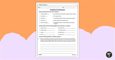 Conductors and Insulators Worksheet | Teach Starter - Worksheets Library