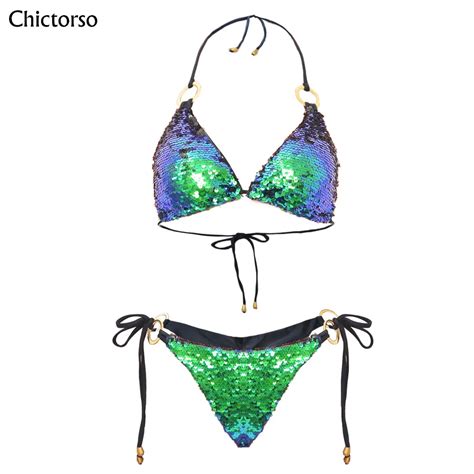 Chictorso Sexy Bikini Sequin Padded Halter Push Up Thong Swimsuit