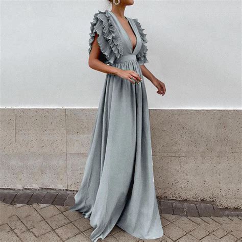 Idall Wedding Guest Dresses Prom Dresses Women Wrap V Neck Ruffle