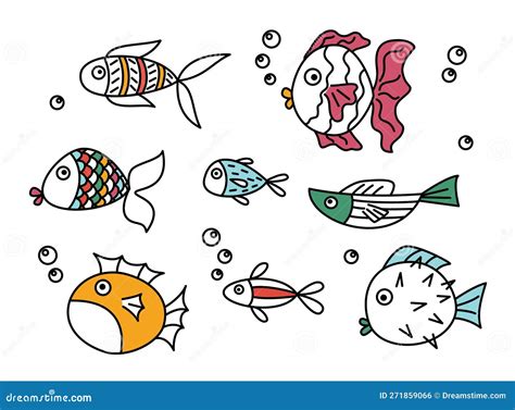 Set Of Cute Fish Colored Doodle Cartoon Style Stock Vector