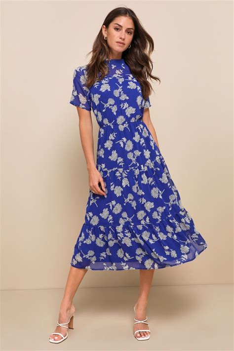 Royal Blue Floral Print Dress Midi Dress Short Sleeve Dress Lulus