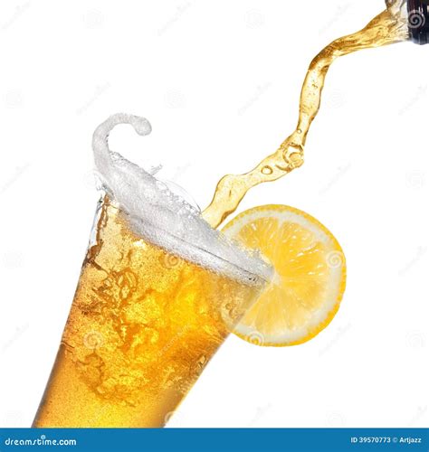 Beer Pouring From Bottle Into Glass With Lemon Stock Image Image Of