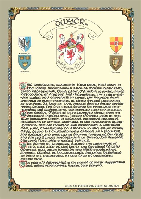 Dwyer Family Crest Irish Coat of Arms Irish Family Crest Gifts Ireland ...