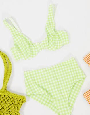 Monki Minelli Polyester Gingham Print Wired Bikini Top In Green MGREEN ASOS