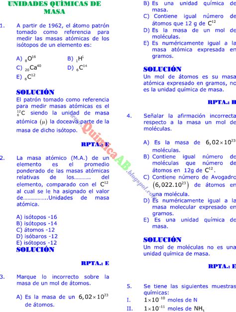 Unidades QuÍmicas De Masa Problemas Resueltos Tipo Examen De Ingreso A