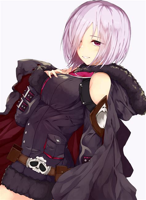 Safebooru 1girl Black Coat Breasts Dutch Angle Grin Hair Over One Eye