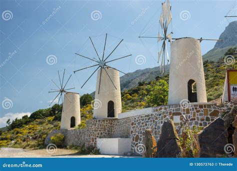 Three Greek Windmills On The Mountain Stock Image Image Of Plateau