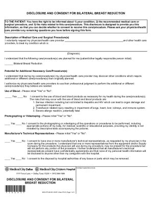 Fillable Online Disclosure And Consent For Bilateral Breast Reduction