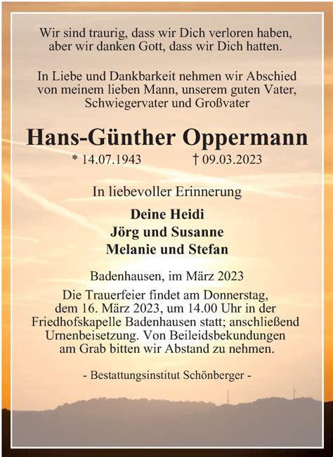 Traueranzeigen Von Hans G Nther Oppermann Harztrauer De