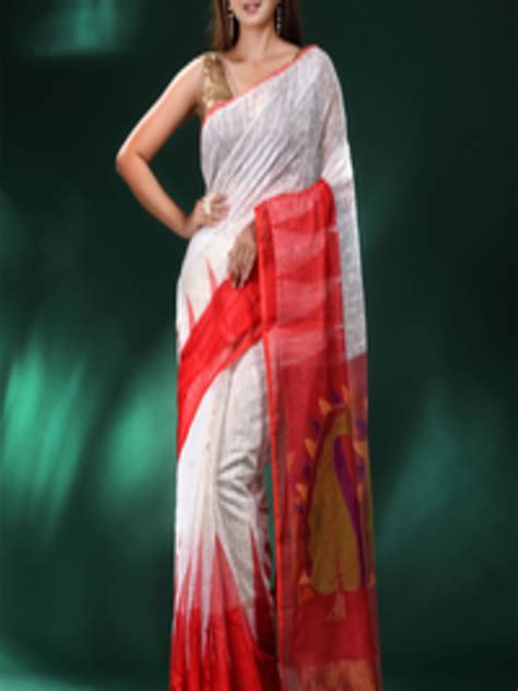 Buy Charukriti White Red Woven Design Pure Silk Saree Sarees For