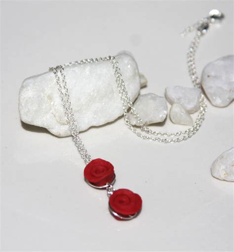 Sterling Silver Red Rose Bud Necklace Handmade Double Red Rose