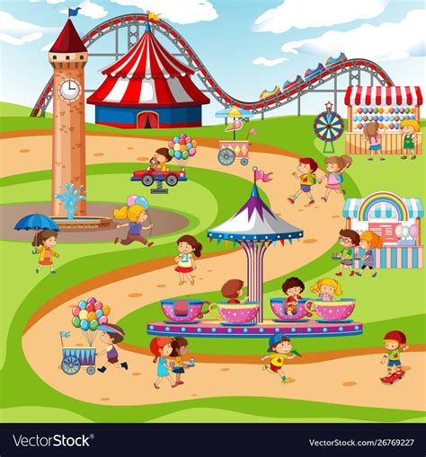 An Outdoor Funfair Scene With Rides And Kids Vector Image