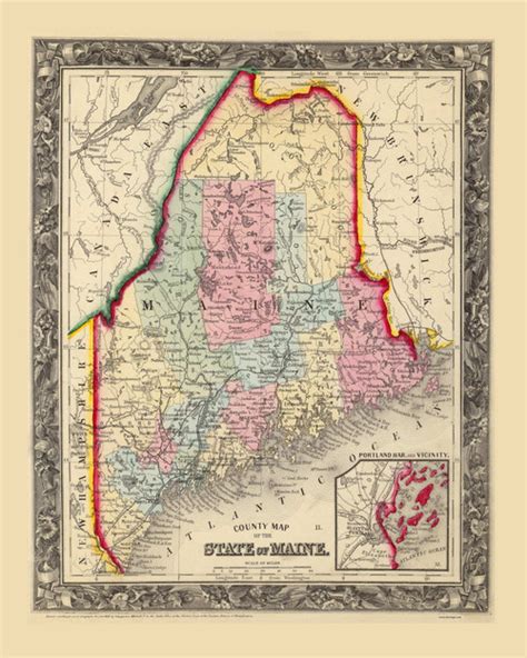 Maine 1860 Mitchell Old State Map Reprint Old Maps