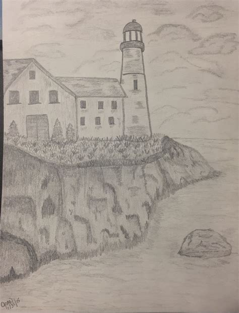 A Pencil Drawing Of A Lighthouse On The Edge Of A Cliff Next To A Body