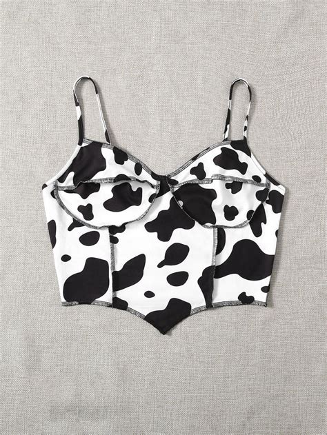 Shein Cow Print Contrast Stitch Asymmetrical Hem Cami Top Cow Outfits