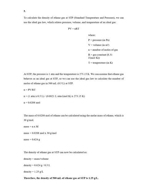 Solved 5 Calculate The Density In G L Of 500mL Of Ethane Gas C2H6