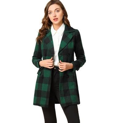 Allegra K Women S Notched Lapel Double Breasted Winter Plaids Overcoat