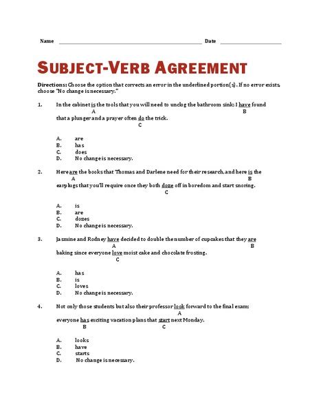 Subject Verb Agreement Worksheet For 6th 8th Grade Lesson Planet