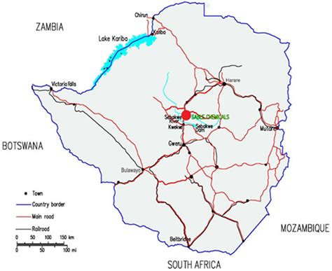 Map of Zimbabwe showing the location of Kwekwe and the Sable Chemical ...