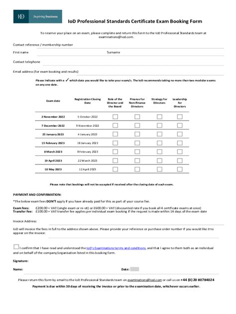 Fillable Online Iod Professional Standards Certificate Exam Booking