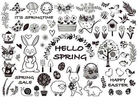 Spring And Happy Easter Black And White Vector Illustration Set 5375475 ...