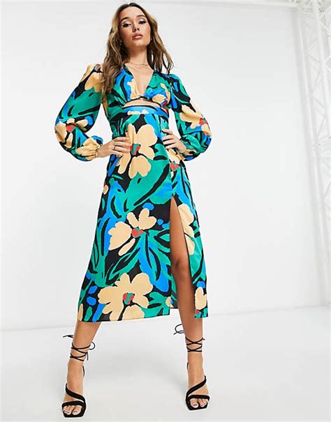 Asos Design Cutout Satin Midi Dress In Bright Abstract Print Asos