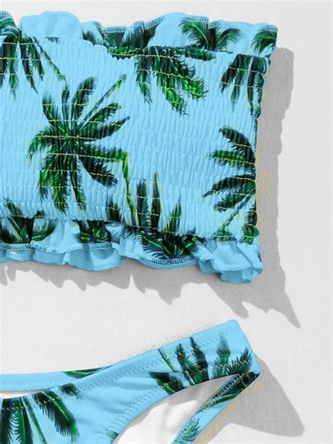 Emmiol Free Shipping Palm Tree Smocked Bikini Set Blue L In Bikini