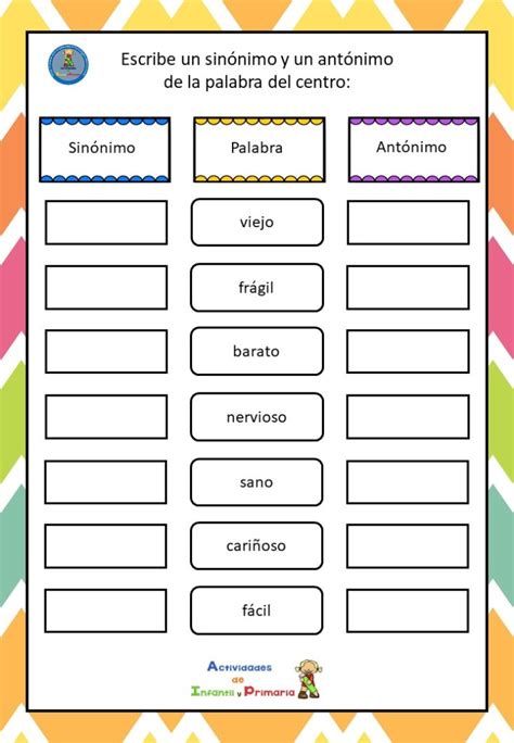 Completa La Lista De Sinónimos Y Antónimos
