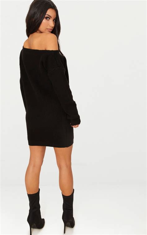 Black Off The Shoulder Sweater Dress Prettylittlething Ca